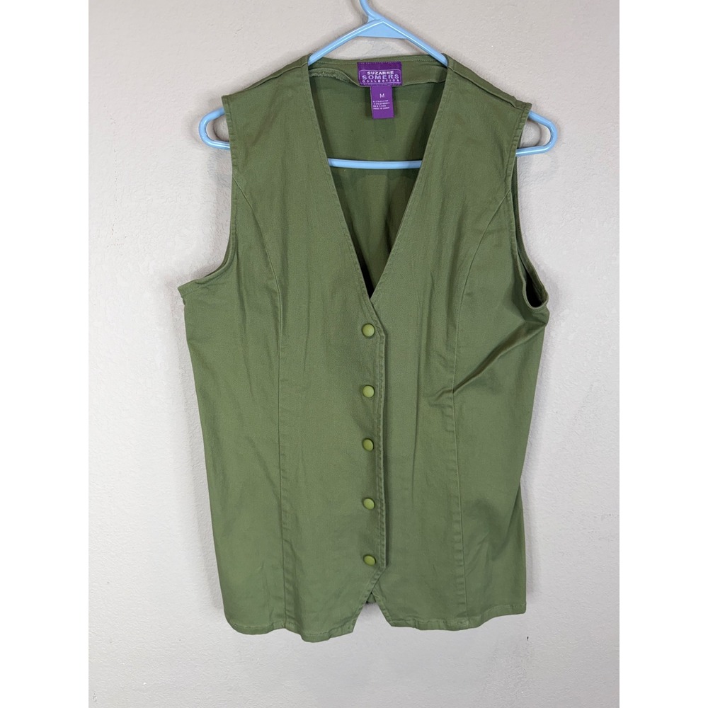 Suzanne Somers Collection Olive Green Cotton Blend Button Front‎ Vest Y2K M